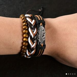 Men's leather bracelets 3pc layered beaded brown feather new d18
